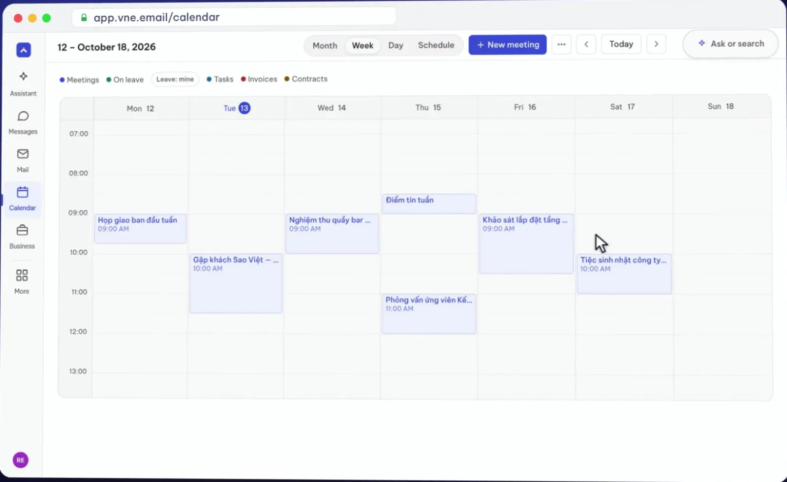 The team's week in the calendar