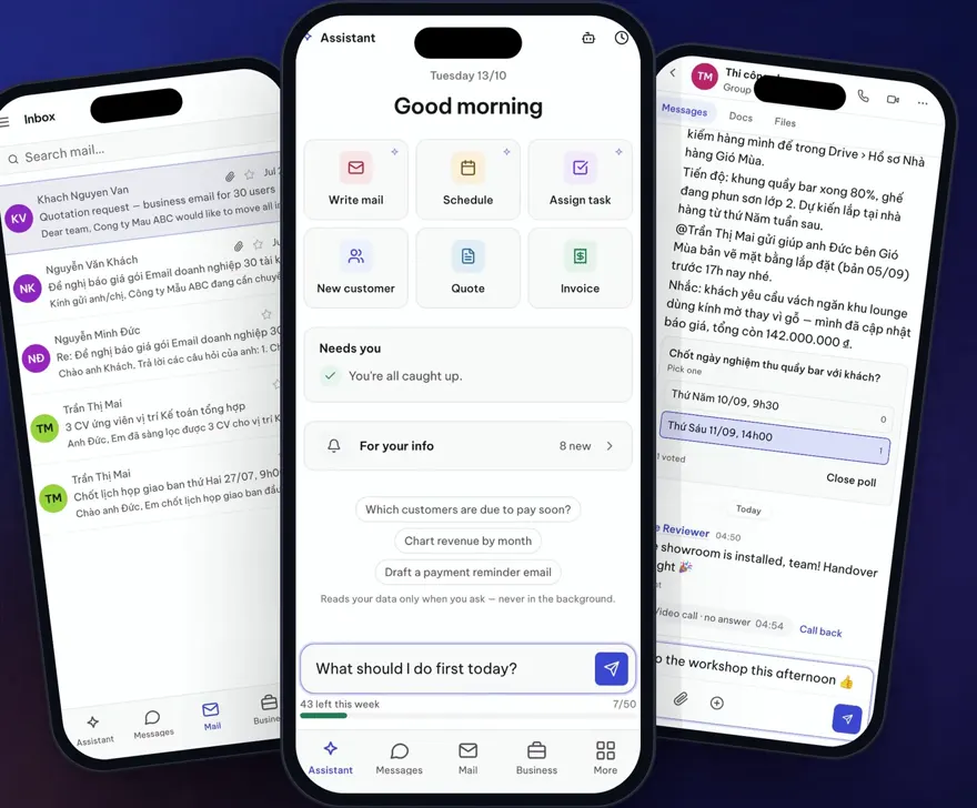 VNe on iPhone: inbox, assistant and chat